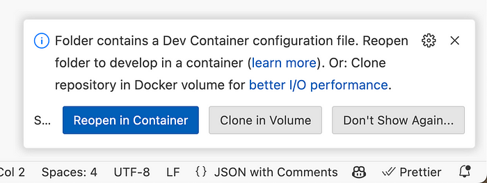 Reopen in container option on VS Code