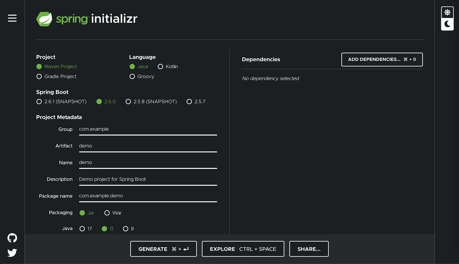 Spring initializer screen