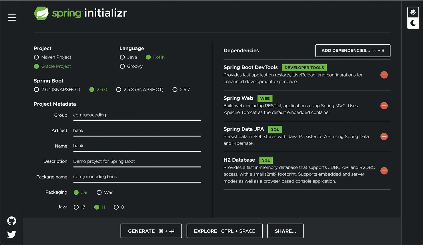 Spring initializer dependencies